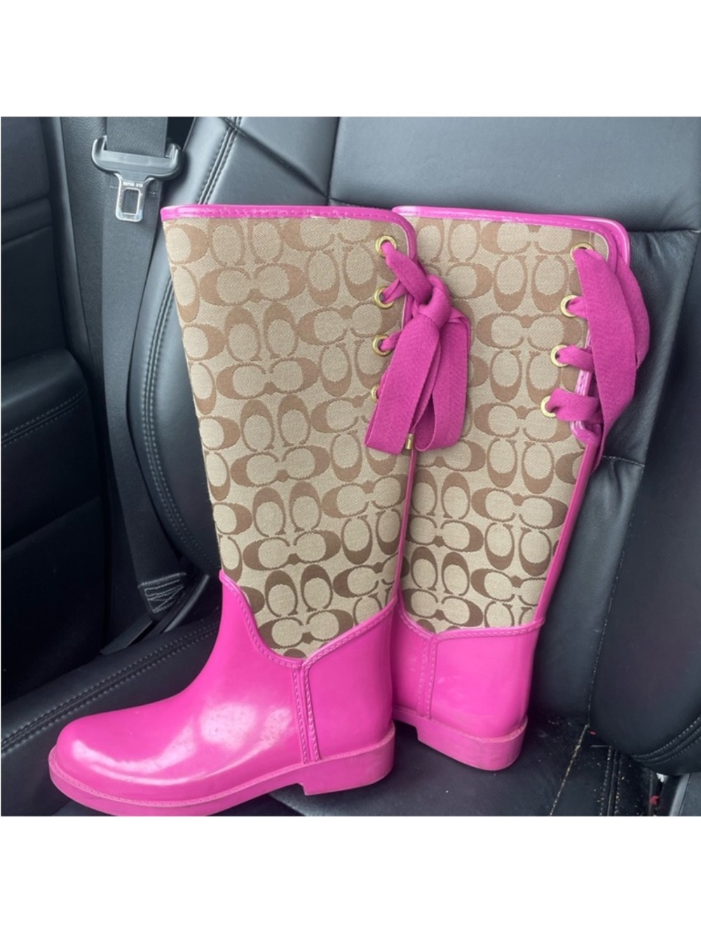 Coach Signature Canvas Knee-High Boots in Hot Pink and Tan - Picture 6 of 6